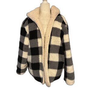 Womens Black Gray White Checked Fleece Long Sleeve Warm Hoodie Jacket Xl